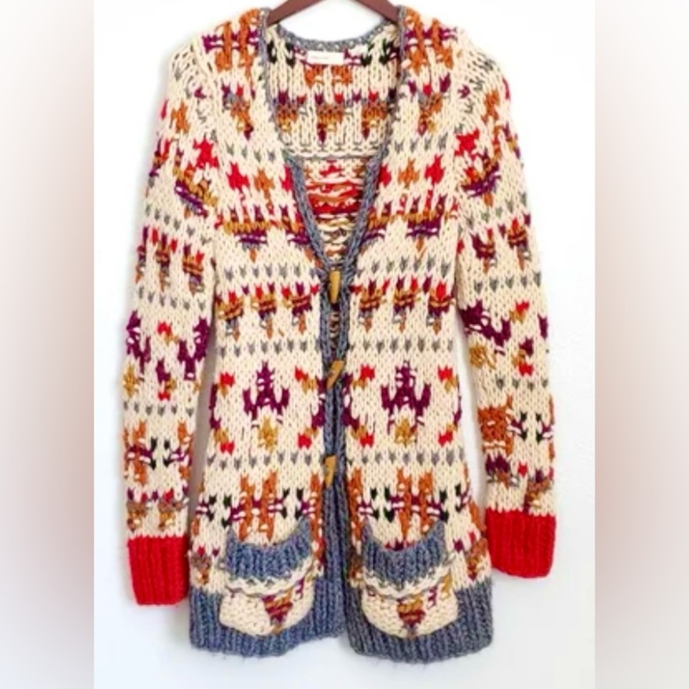 Anthropologie Cream and Red Patterned Cardigan